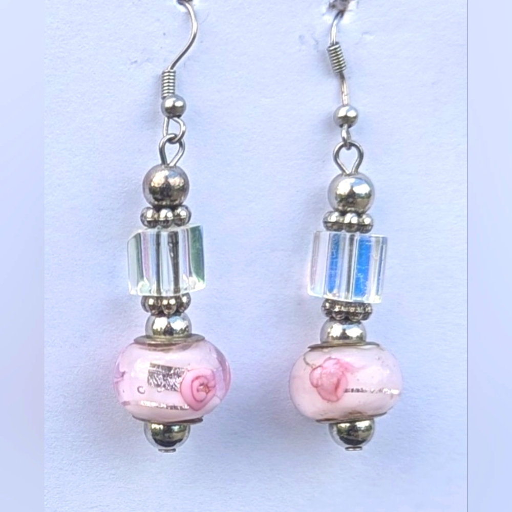 Vtg 1950's Boho Pink Art Glass Earrings Dangle Drop Hook Pierced Ornate Floral